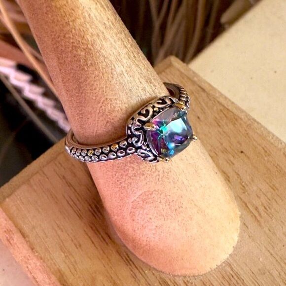 Sterling Silver Celtic Rainbow Topaz Cushion CZ Ring - Picture 7 of 10